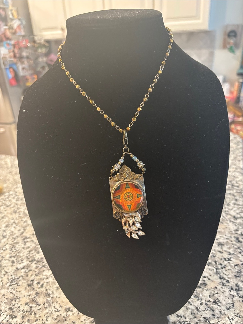 Vintage-Inspired Orange Enamel & Gold Tone Pendant Necklace